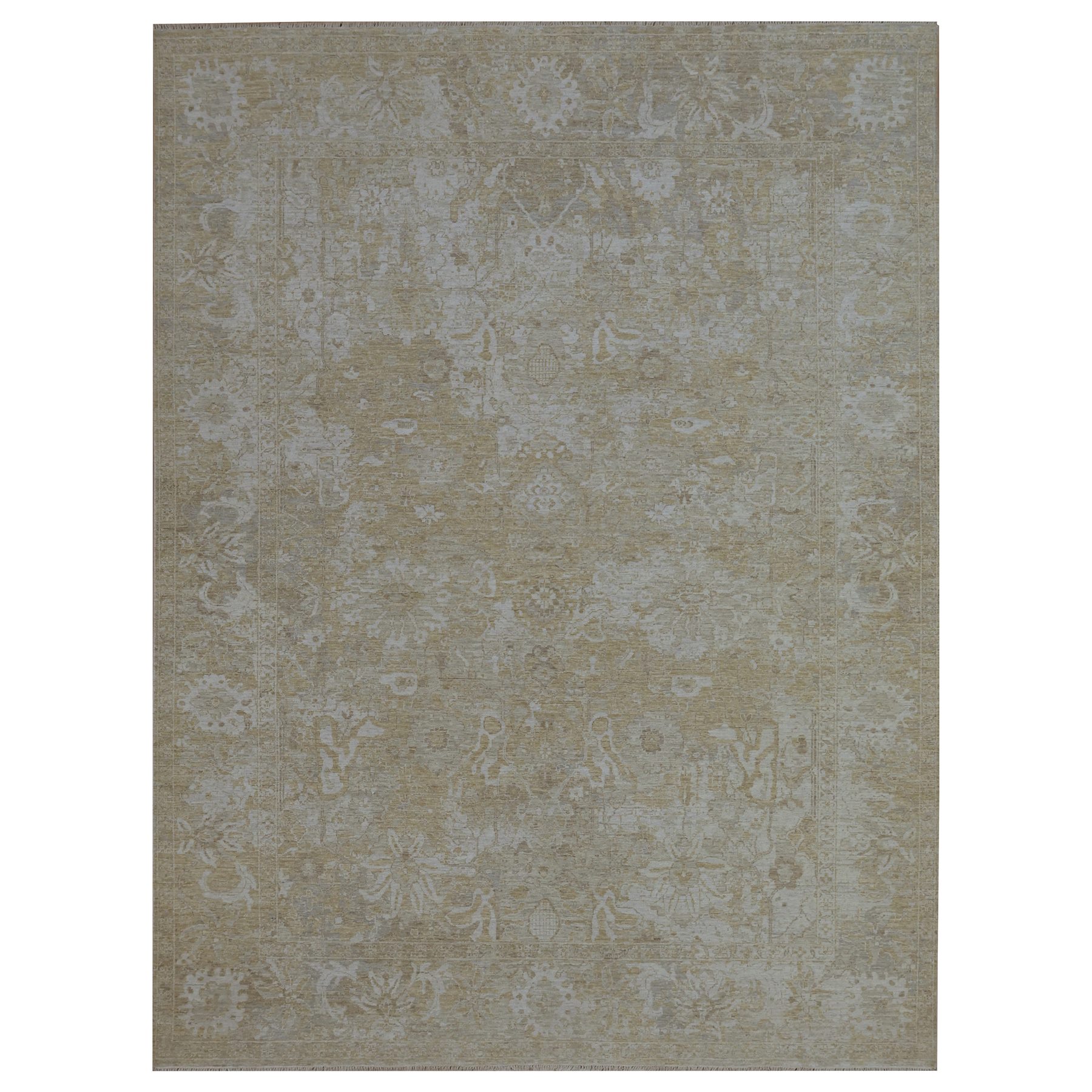 Beige with Cloud Gray, Broken and Erased Sultanabad Design, Zero Pile, 100% Wool, Hand Knotted, Oriental Rug